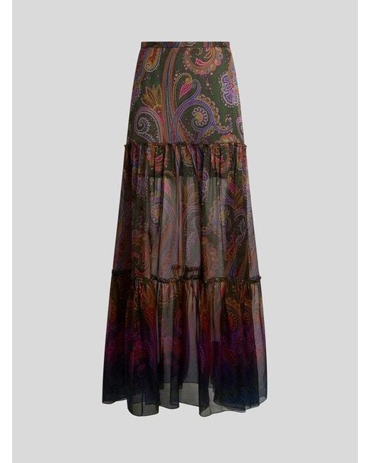 Etro Brown Silk Maxi Skirt With Placed Paisley Print