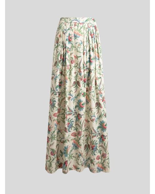Etro White Pleated Cotton Maxi Skirt With Floral Motif