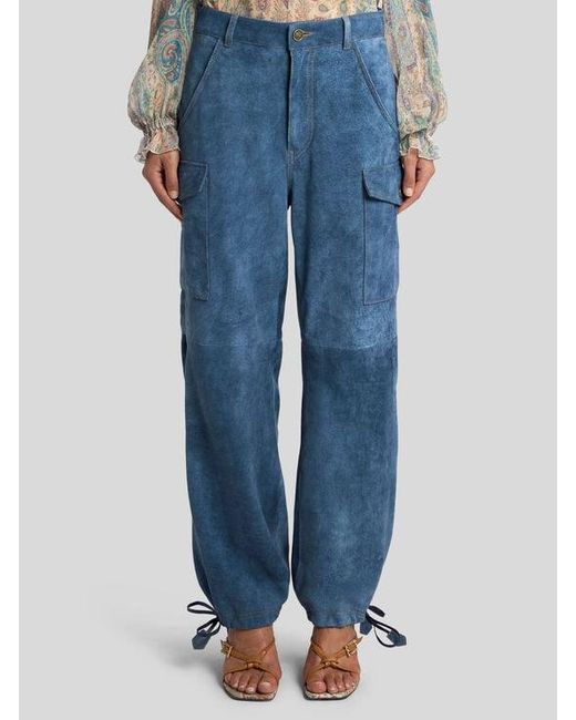 Etro Blue Denim-Effect Suede Cargo Trousers With Drawstring