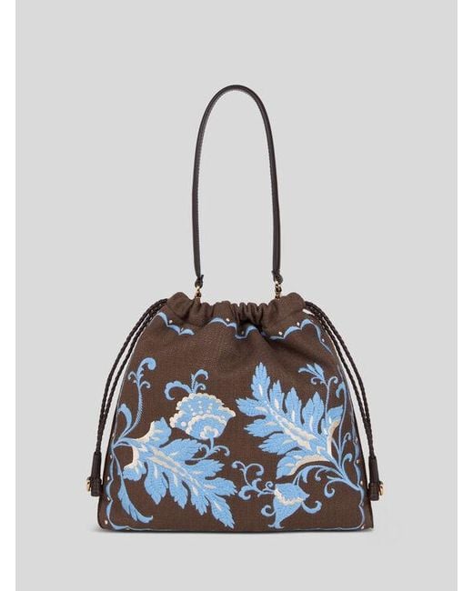 Etro Blue Medium Linen-Blend Kalispera Bag With Embroidery