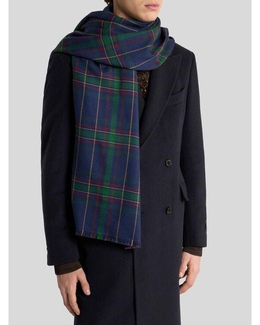 Etro Blue Double-Sided Wool And Silk Scarf With Check And Paisley Motifs for men