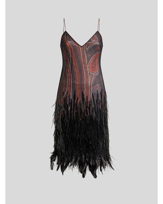 Etro Black Knee-Length Dress With Sequins, Ostrich Feathers And Paisley Motif