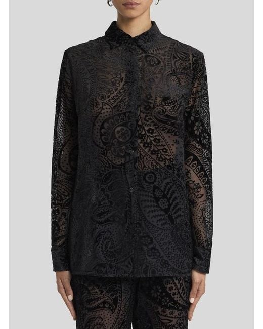 Etro Black Burnout Velvet Shirt With Floral Paisley Motif