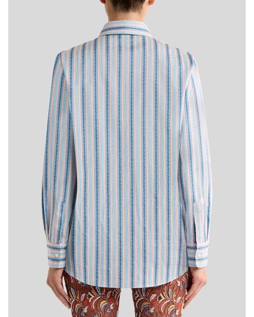 Etro Blue Striped Cotton Jacquard Shirt With Fil Coupé Paisley