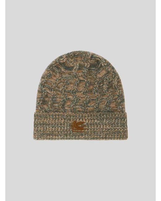 Etro Green Cashmere Beanie With Cable Detail And Pegaso Embroidery for men