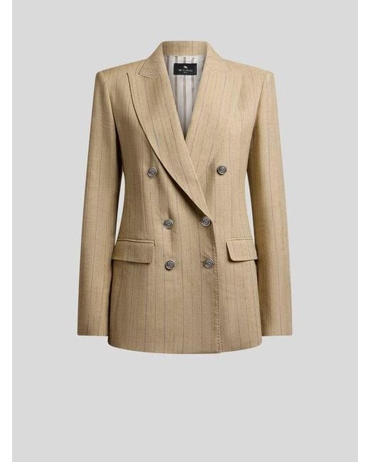 Etro Natural Double-Breasted Striped Jacket With Pegaso Buttons