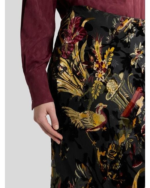 Etro Black Silk-Blend Burnout Velvet Midi Skirt With Flower And Animal Motif