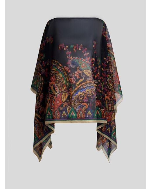 Etro Black Silk Poncho Top With Placed Floral Paisley Print