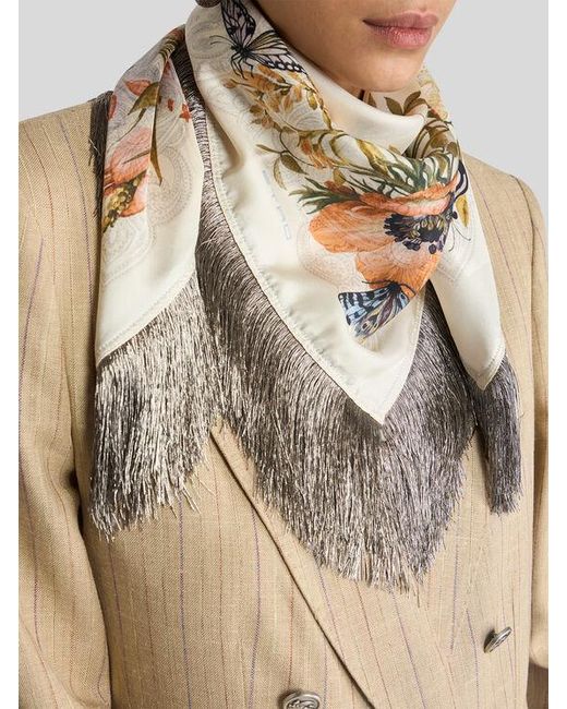 Etro Metallic Silk Scarf With Fringing And Flora And Fauna Motif