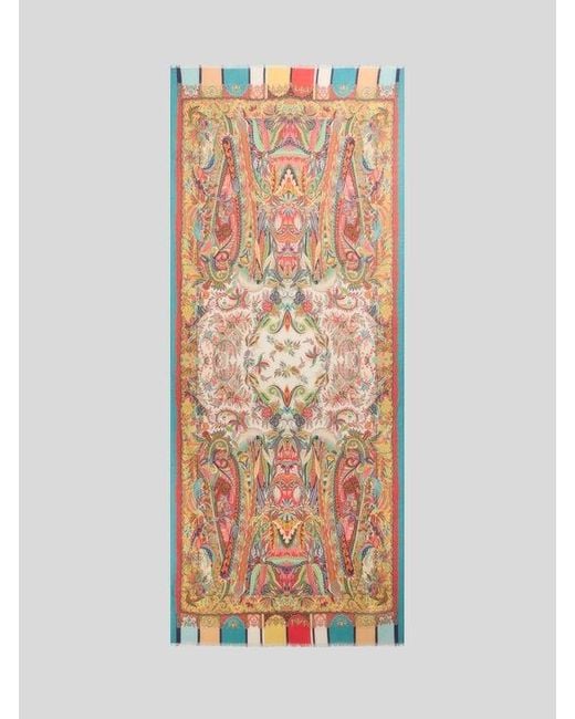 Etro Multicolor Cashmere, Silk And Wool Scarf With Paisley Foliage Motif