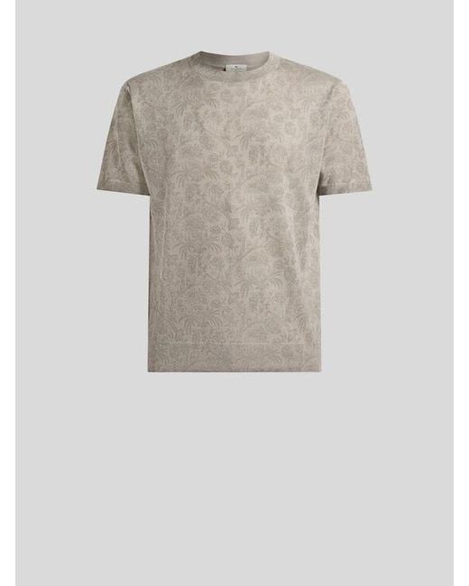 Etro Gray Knit Wool And Silk T-Shirt With Floral Paisley Motif for men