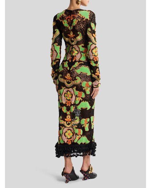 Etro White Long Cotton Dress With Crochet-Effect Floral Motif