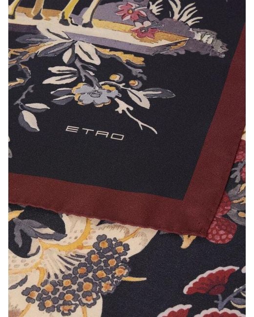 Etro Blue Silk Twill Scarf With Floral Paisley Motif