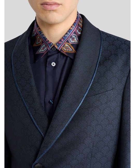 Etro Blue Single-Breasted Wool Jacquard Jacket With Shawl Collar And Micro Palm Motif for men