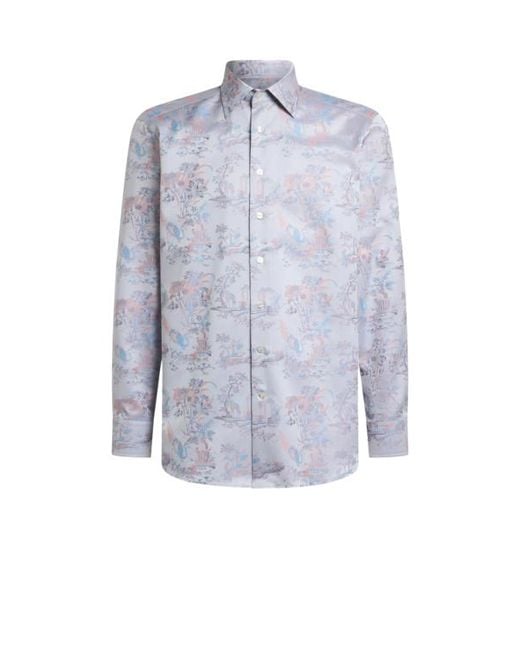 Etro Blue Cotton Jacquard Shirt With Flower And Animal Motif for men