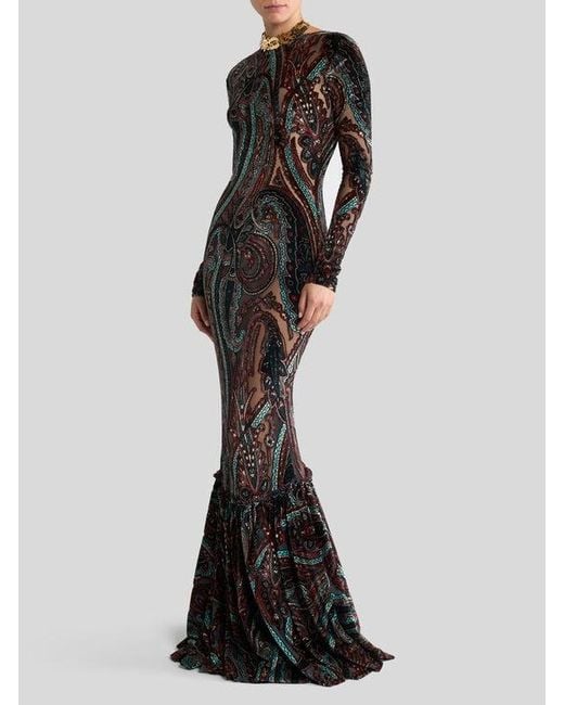Etro Black Chenille Jacquard Long Dress With Paisley Motif