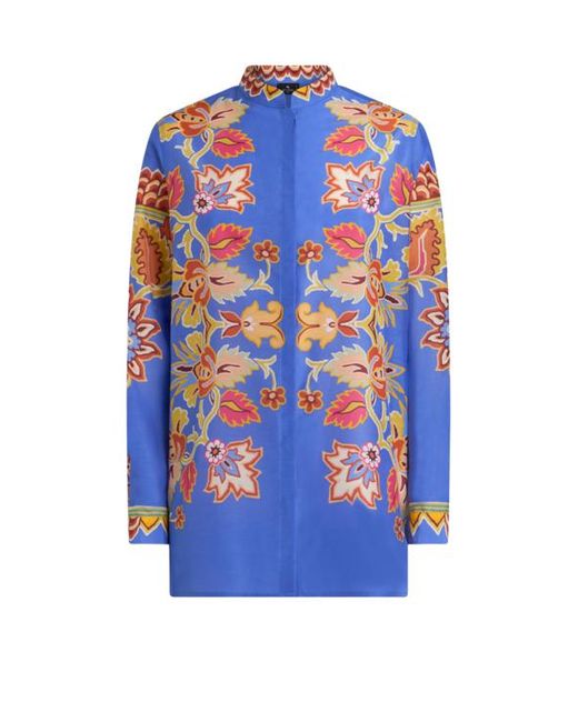 Etro Blue Cotton And Silk Shirt With Print