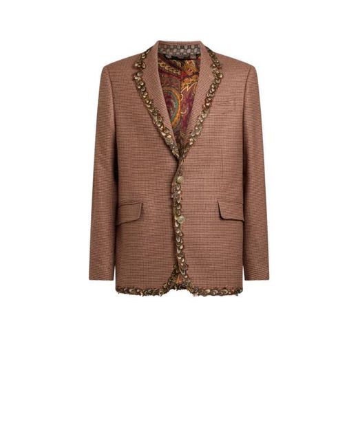 Etro Brown Single-Breasted Wool And Cashmere Jacket With Feathers And Micro Houndstooth Motif for men