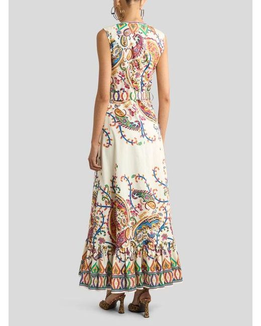 Etro White Long Cotton Dress With Placed Floral Paisley Print