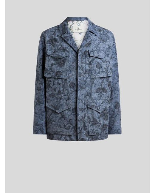 Etro Blue Cotton-Blend Jacket With Floral Motif for men