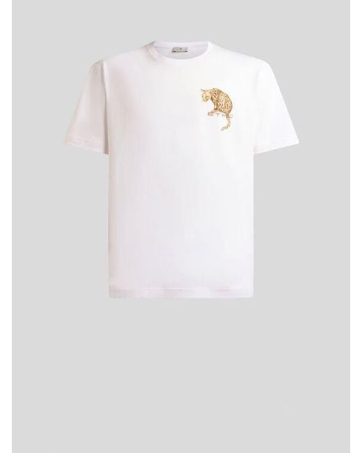 Etro White Cotton T-Shirt With Leopard Print And Embroidery for men
