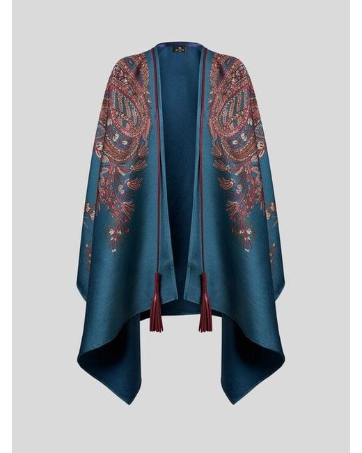 Cape En Laine Mélangée À Motif Paisley Fleuri, Femme Etro en coloris Blue