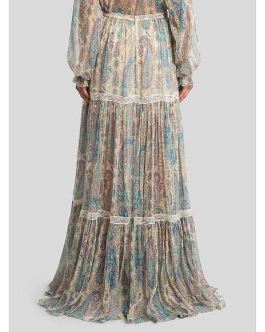 Etro White Silk Crepon Maxi Skirt With Paisley Foliage Motif
