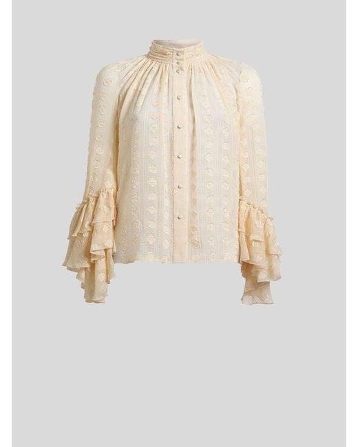 Etro White Jacquard Shirt With Ruffles And Fil Coupé Motif