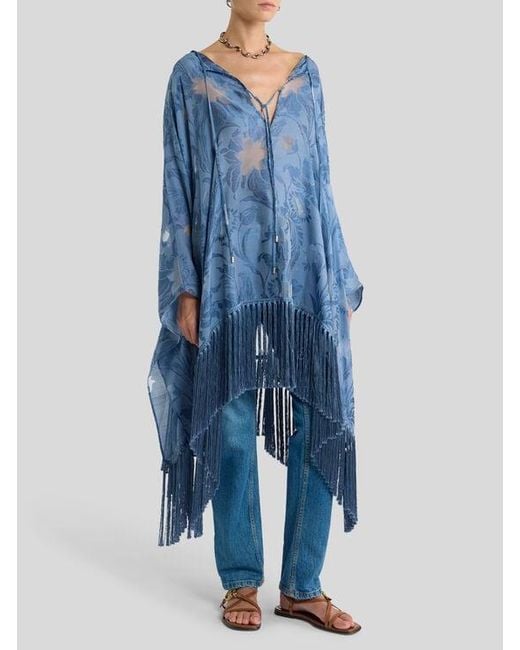 Etro Blue Silk Jacquard Kaftan With Fringing And Fil Coupé Floral Motif