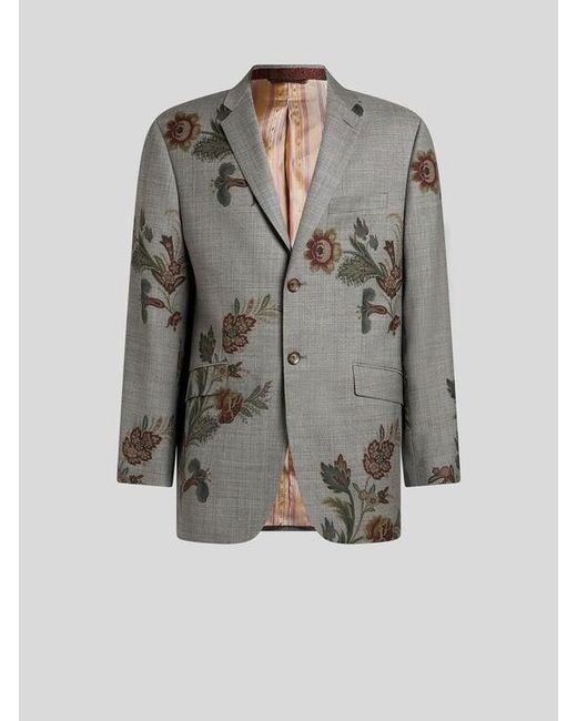 Etro Gray Single-Breasted Wool Jacket With Print for men