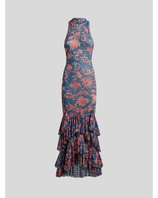 Etro Purple Stretch Tulle Long Dress With Floral Motif