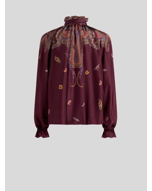 Etro Purple Silk Blouse With Silk Scarf And Placed Floral Paisley Print