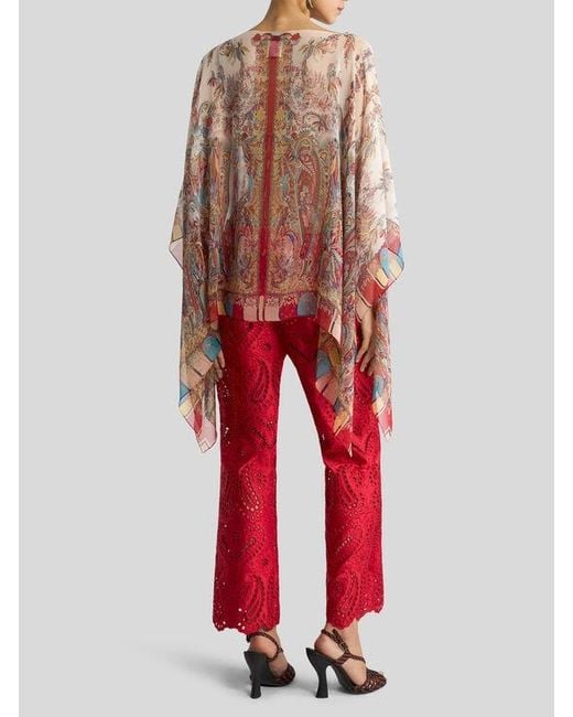 Etro Multicolor Silk Poncho Top With Paisley Foliage Motif