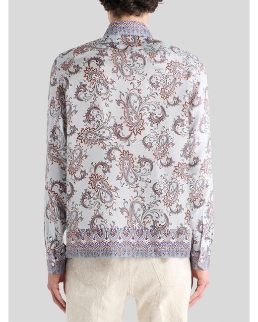 Etro White Silk Shirt With Placed Leafy Paisley Print for men