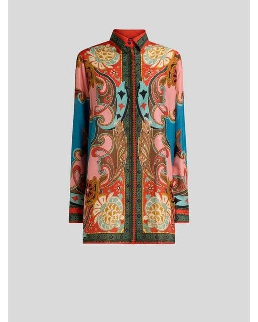 Etro Orange Long Cotton And Silk Shirt With Placed Print