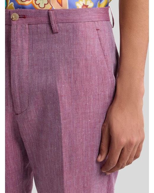 Etro Purple Slub Linen-Blend Trousers for men