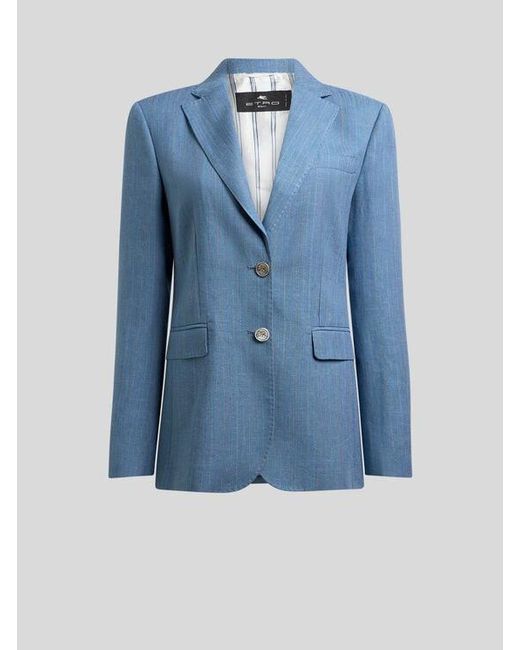 Etro Blue Single-Breasted Striped Jacket With Pegaso Buttons