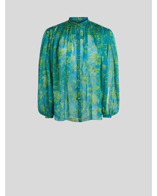 Etro Green Silk Shirt With Gathering And Floral Motif
