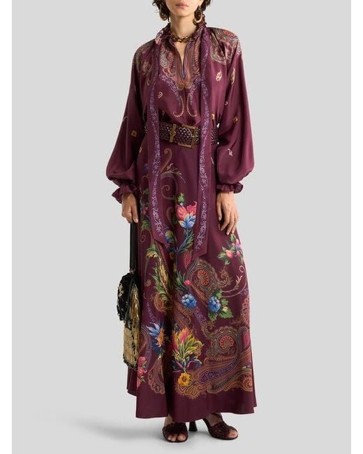 Etro Red Silk Maxi Skirt With Placed Floral Paisley Print