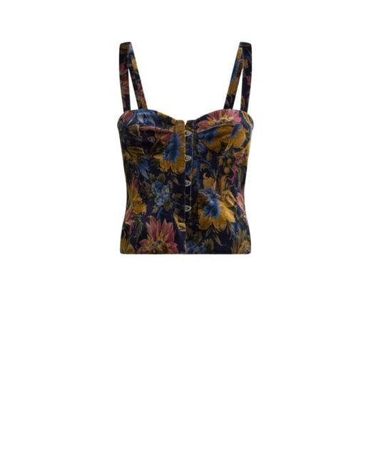 Etro Black Cotton Velvet Corset Top With Floral Overprint