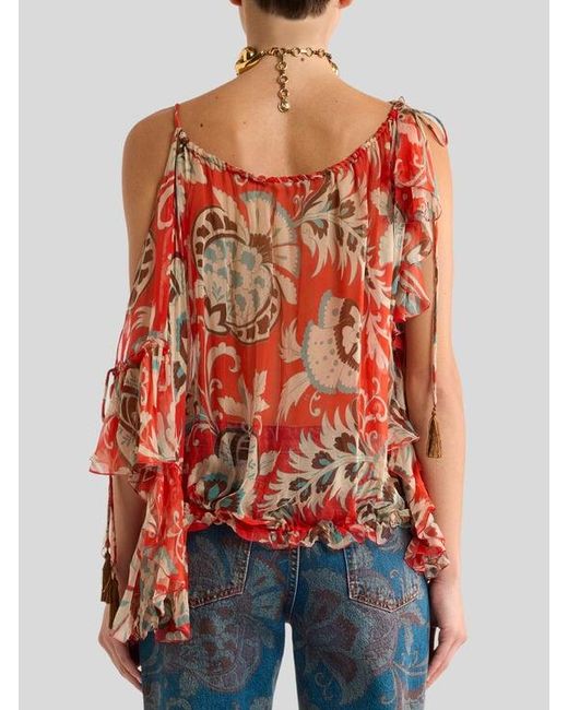 Etro Red One-Sleeved Silk Top With Floral Motif