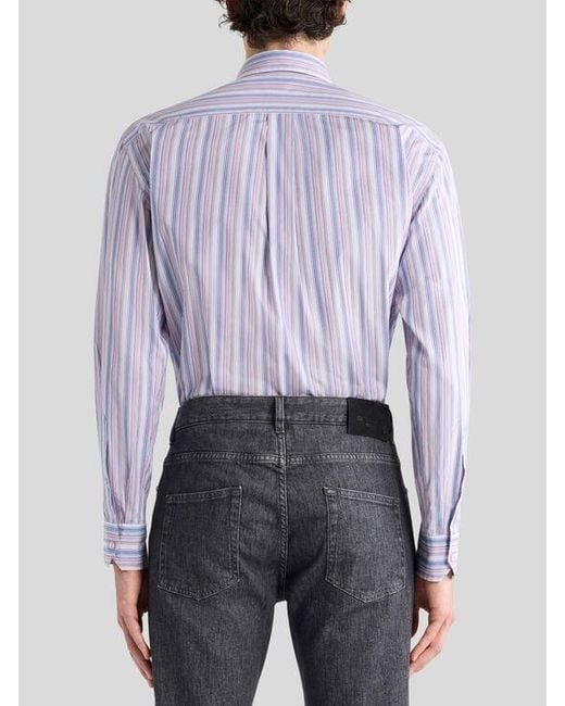 Etro Purple Striped Cotton Button-Down Shirt With Pegaso for men