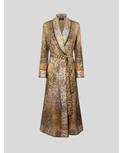 Etro Natural Silk Robe Coat With Paisley And Animal Motif