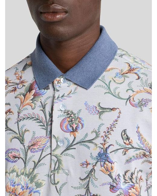 Etro Blue Cotton Polo Shirt With Floral Motif for men