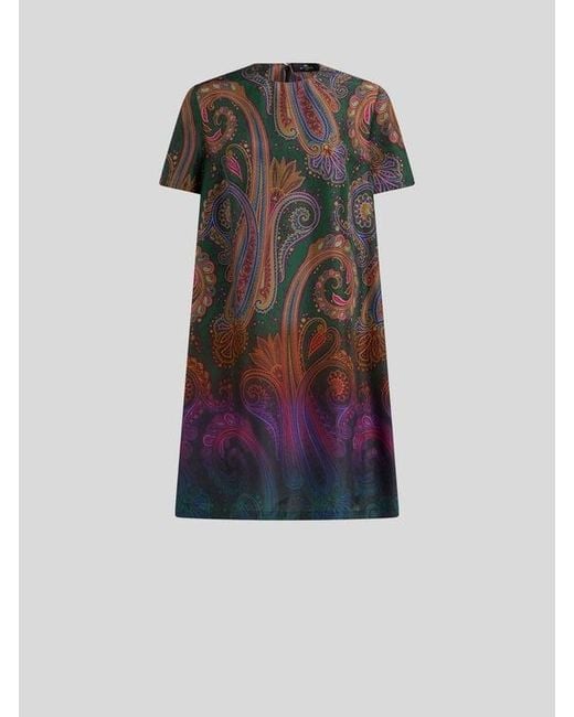 Etro Green Mini Silk Tunic Dress With Degradé Paisley Motif