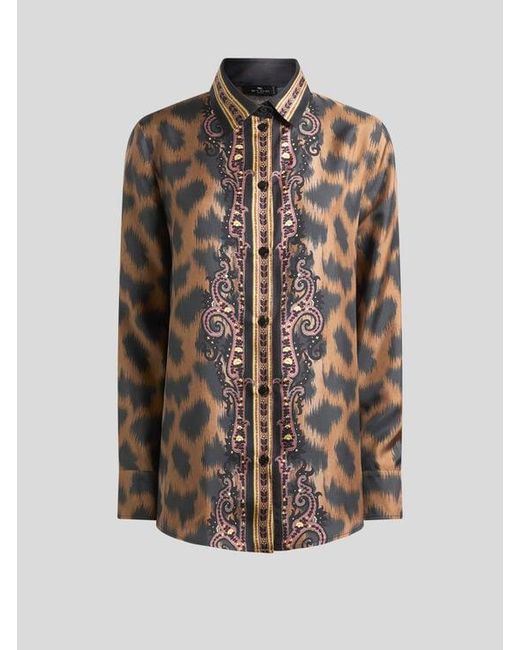 Etro Brown Silk Twill Shirt With Animal Motif