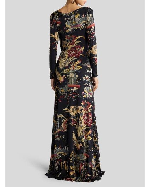 Etro Black Long Jersey Wrap Dress With Flower And Animal Motif