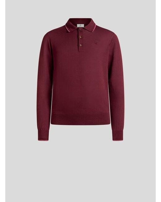 Etro Red Cotton-Blend Polo Shirt With Pegaso Embroidery for men