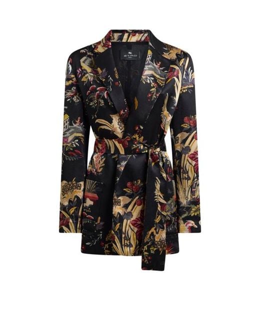 Etro Black Envers Satin Jacket With Belt And Flower And Animal Motif