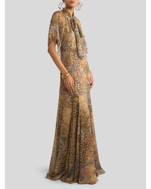 Etro Natural Long Silk Dress With Silk Scarf And Paisley And Animal Motif